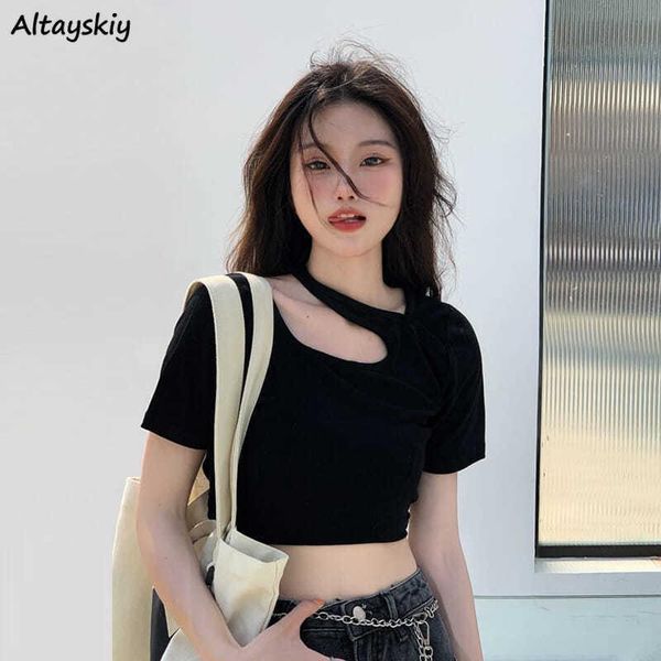 

women's t-shirt summer t-shirts women slim y2k fashion cropped elegant soft korean style leisure thin all-match hollow out female coll, White