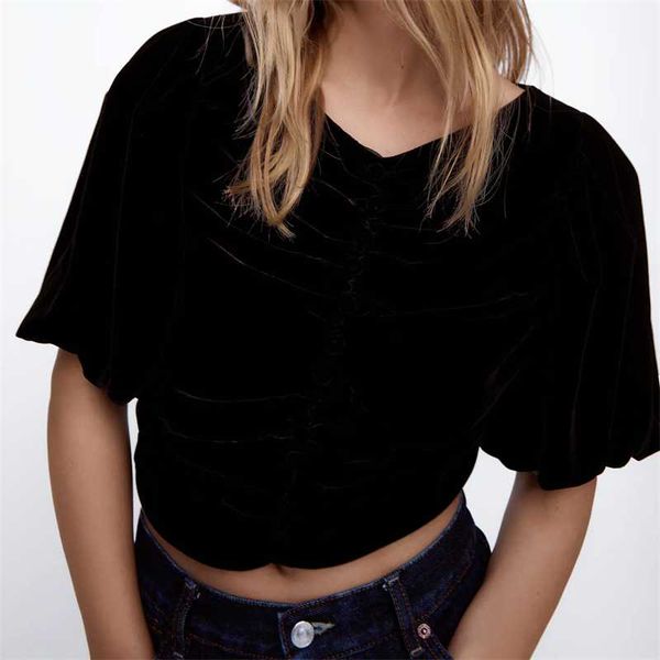 

women's blouses & shirts zxqj women 2021 fashion with buttons pleated velvet cropped vintage v neck puff sleeve female shirt chic, White