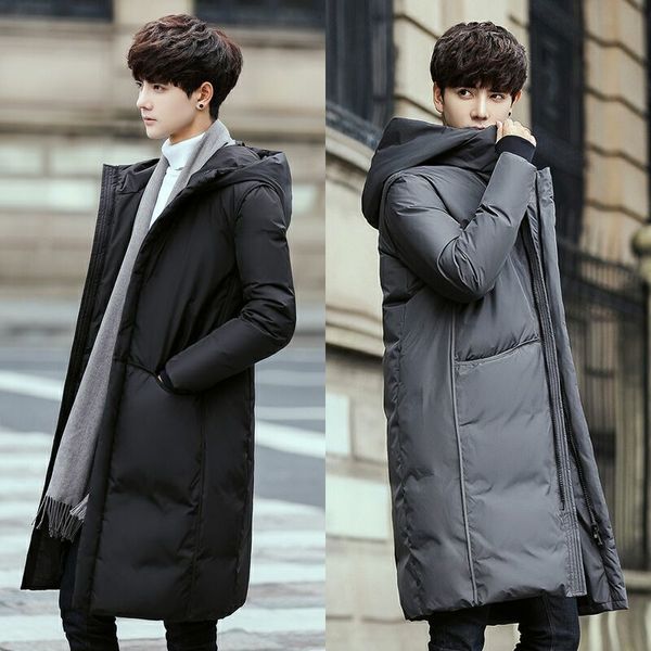 

2021 new long down jacket men's winter solid color thick slim youth men coat, Black