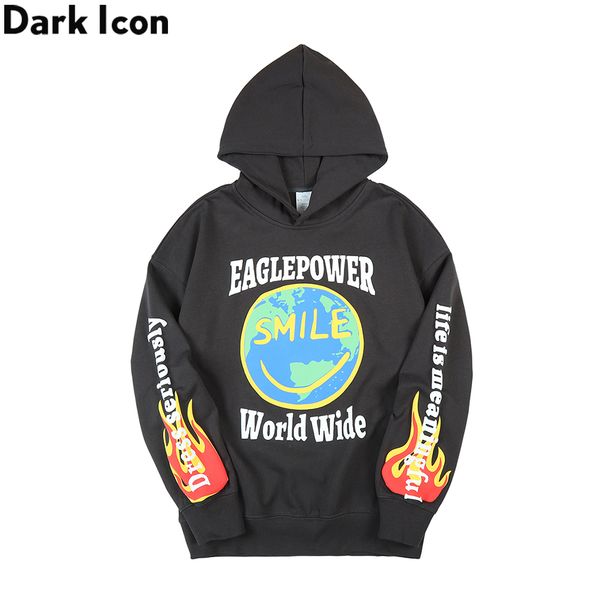 

dark icon flame sleeve pullover men's sweatshirts with hoodie side pocket high street hoodies man, Black