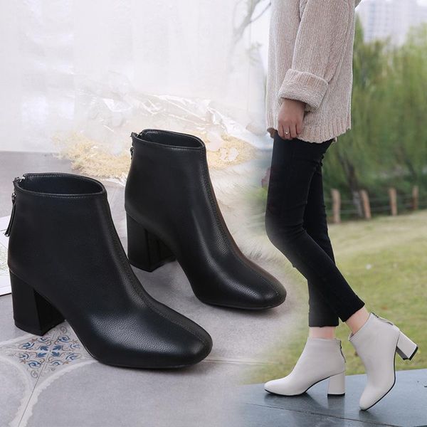 

boots women ankle square high heel zipper autumn winter ladies shoes black white