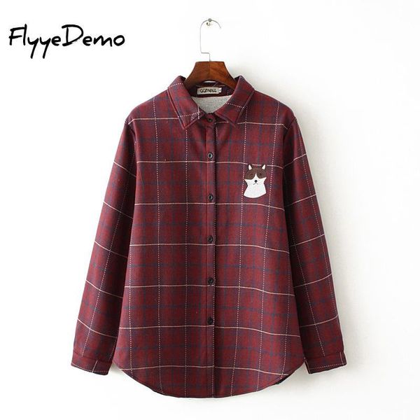 

women's winter shirts warm cotton shirt female cat embroidery thickening fleece plaid blouse coats plus size 4xl blouses &, White