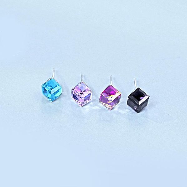 

stud s925 sterling silver austrian square crystal aurora cube sugar color sweet earrings ladies exquisite, Golden;silver