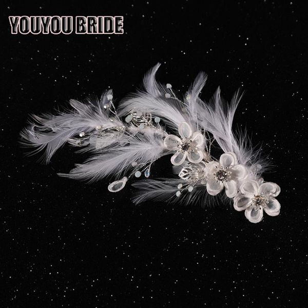 

wedding hair clip white feather crystal beads flower barrettes bridal headpiece accessories women jewelry clips &, Golden;silver