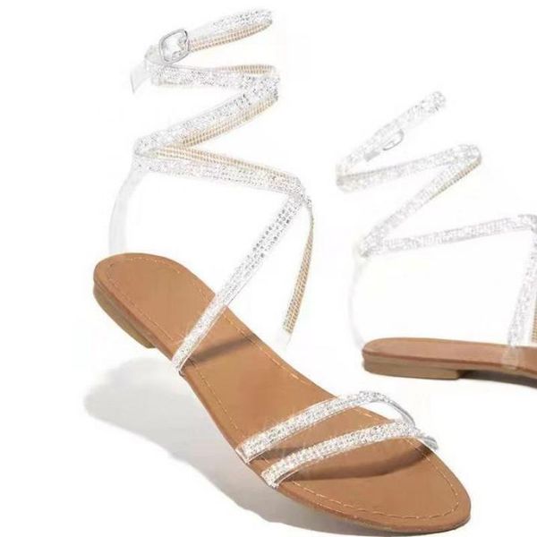 

dress shoes 2021 summer ladies sandals transparent with shining water drill flat rubber sole cross ankle buckle luxury sexy, Black