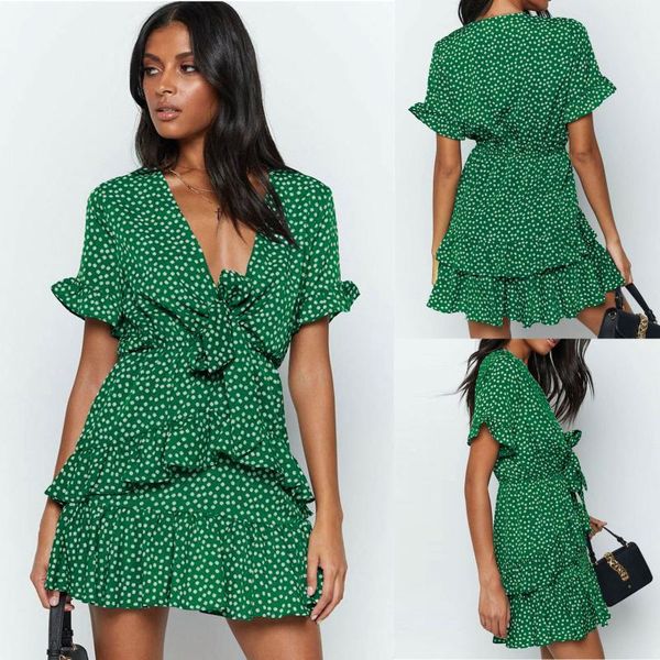 

women v-neck lace draw back waist casual printing short sleeve pleated dress dresses, Black;gray