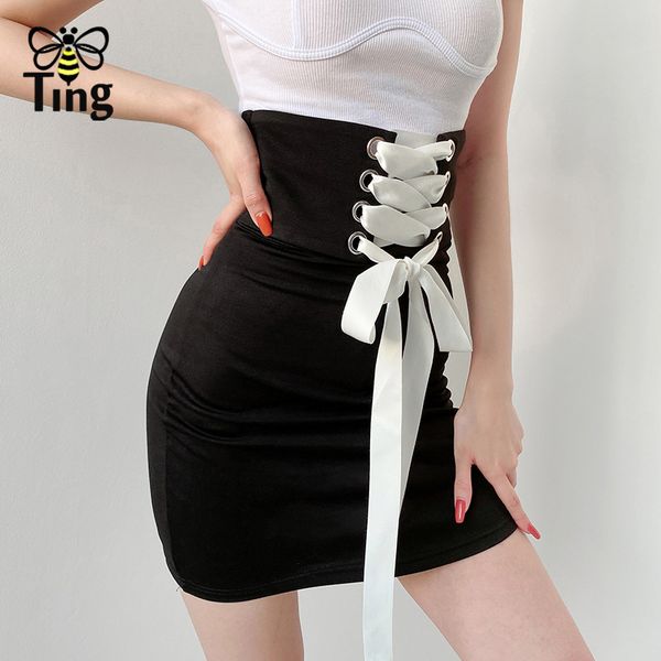

street chic high waist lace up bodycon mini short skirts summer women casual sheath black bottom saia 210513
