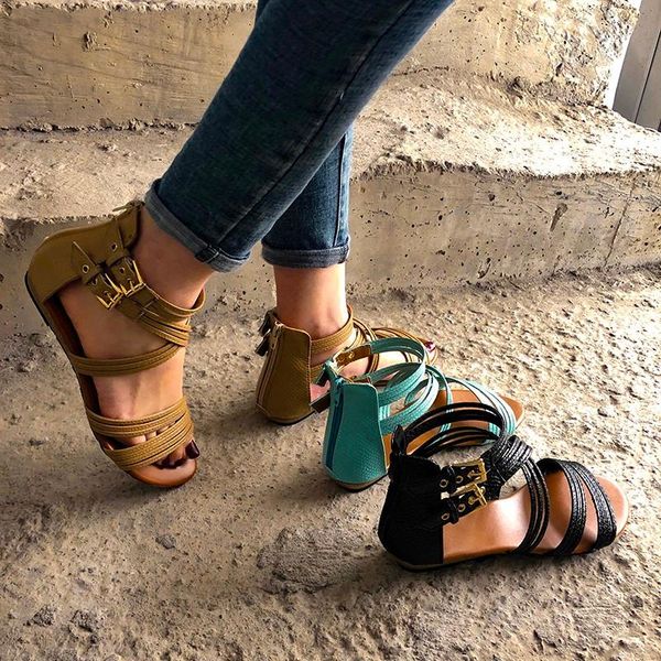 

summer fashion sandals women zipper flat slippers buckle strap gladiator 2021 vintage roman shoes sandalias, Black