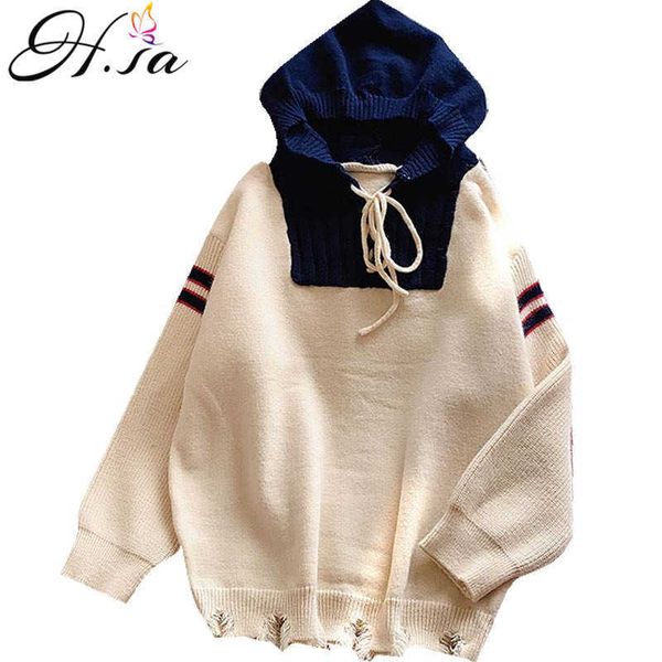

h.sa mujer sueter winter women sweaters hooded pullover and kintwear broken hem korean style knitting jumpers pull femme 210716, White;black