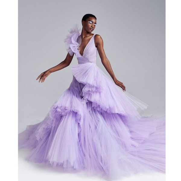 

casual dresses fashion lavender tulle formal event party women puffy ruffles long prom gowns lace up back plus size, Black;gray