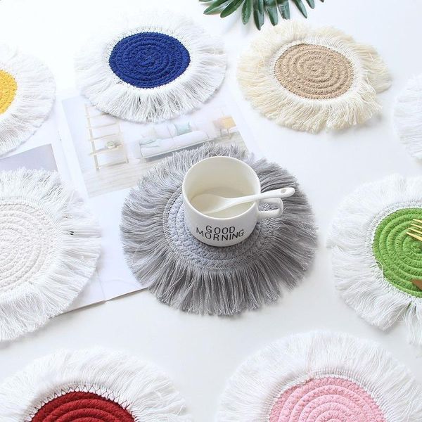 

5pcs/lot hand woven cotton rope dining table mat round tassel placemats heat insulation pot holder coasters coffee tea cup pad mats & pads