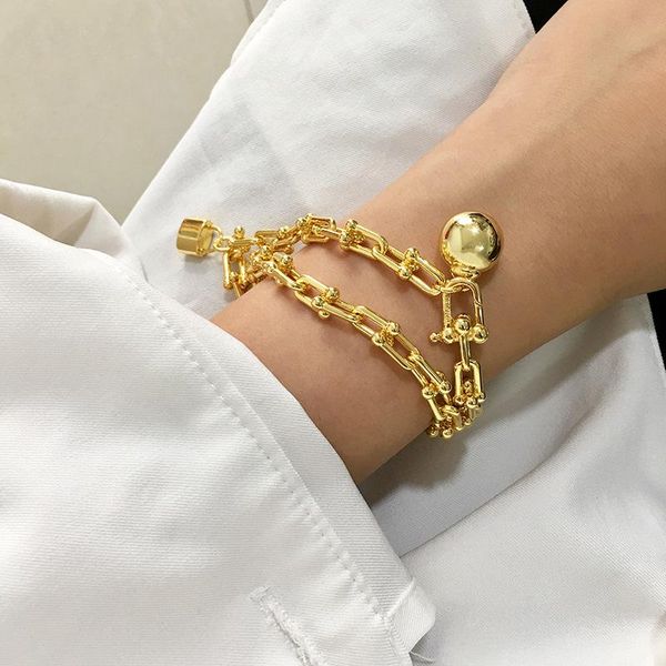 

link, chain 2021 vintage gold-plated copper ball lock double-loop slub winding fashion bracelet for women luxury jewelry, Black