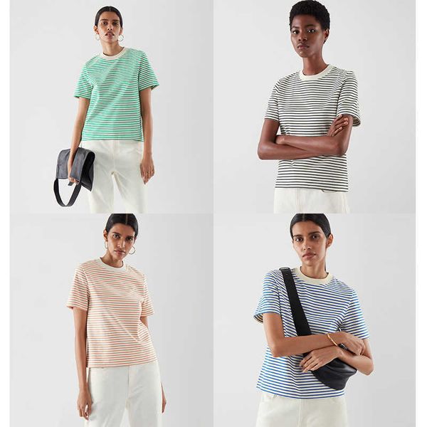 

four cos2021 summer color stripe loose cotton casual simple breathable comfortable basic t-shirt for women, White