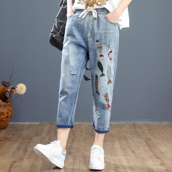 

women's jeans fairynatural summer women casual streetwear ladies embroidery denim pants feamle elastic waist ripped harem trousers, Blue
