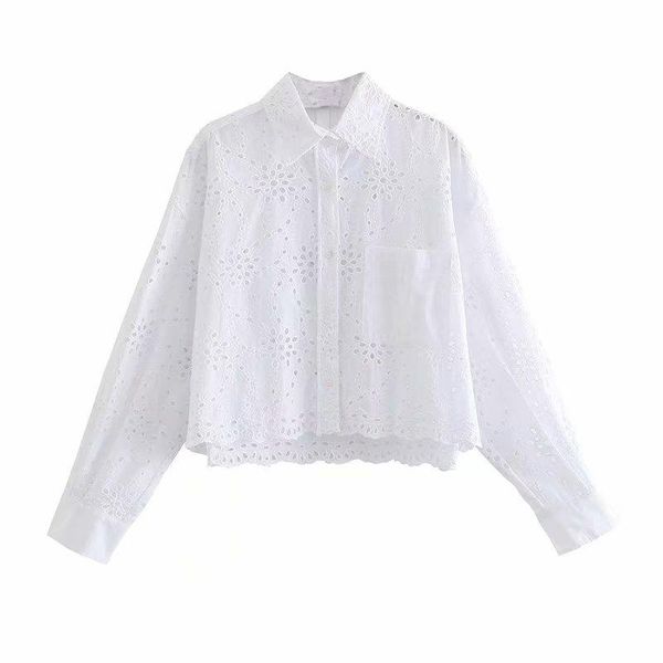 

women's blouses & shirts 2021 summer women hollow out buttoned pocket long sleeves shirt chic lady fashion casual blouse, White