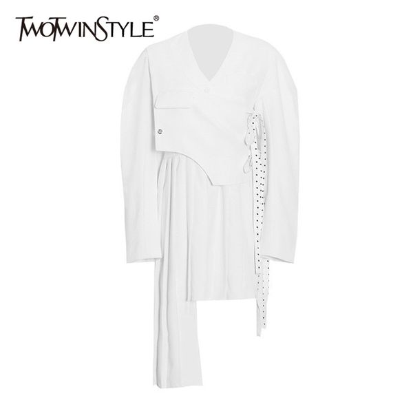 

irregular lace up dress for women v neck long sleeve high waist asymmetrical hem vintage dresses female spring 210520, Black;gray