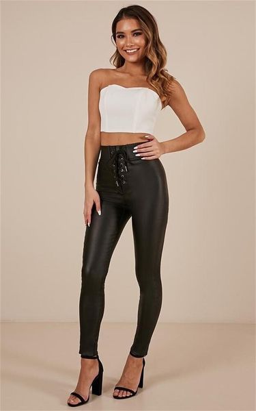 

women's pants & capris high-waist slim-fit stretch metal eyelet straps elastic waist coated pu imitation leather denim, Black;white