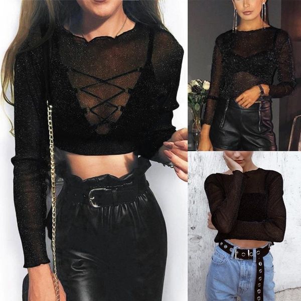 

women's t-shirt fashion mesh ruffled long sleeve black, White