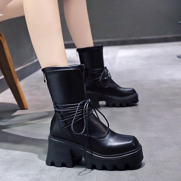 

boots round toe lolita thigh high heels rock shoes woman boots-women over-the-knee 2021 med ladies rubber flat a, Black