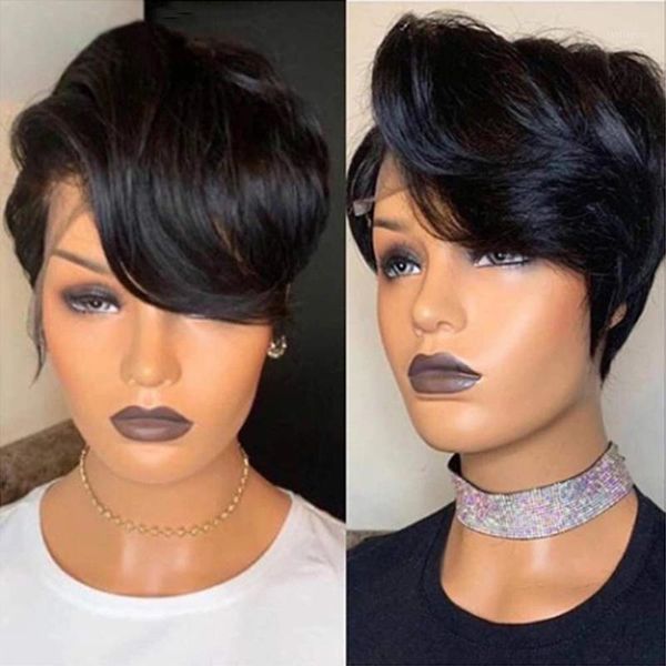 

13x6 lace front human hair wigs for women pixie cut wig wavy brazilian remy 150% short bob 360 frontal wig1, Black;brown