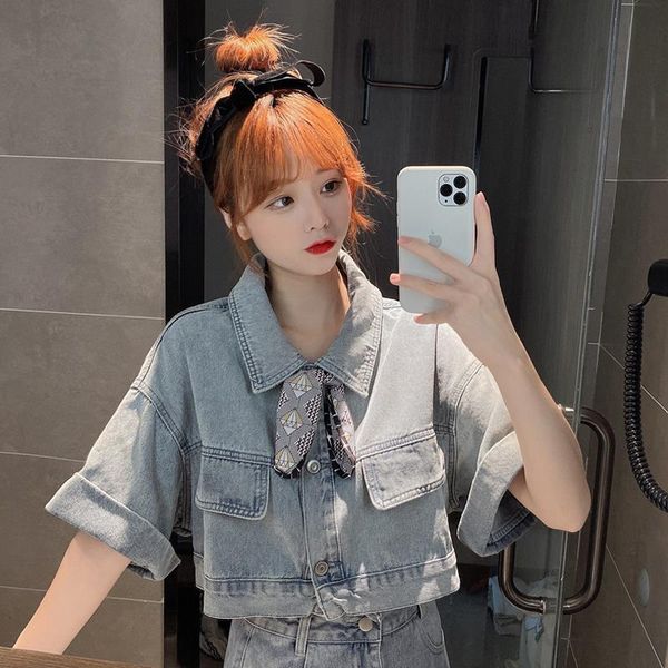 

women's jackets retro hong kong style denim shirt summer 2021 korean edition loose design sense short jacket, Black;brown