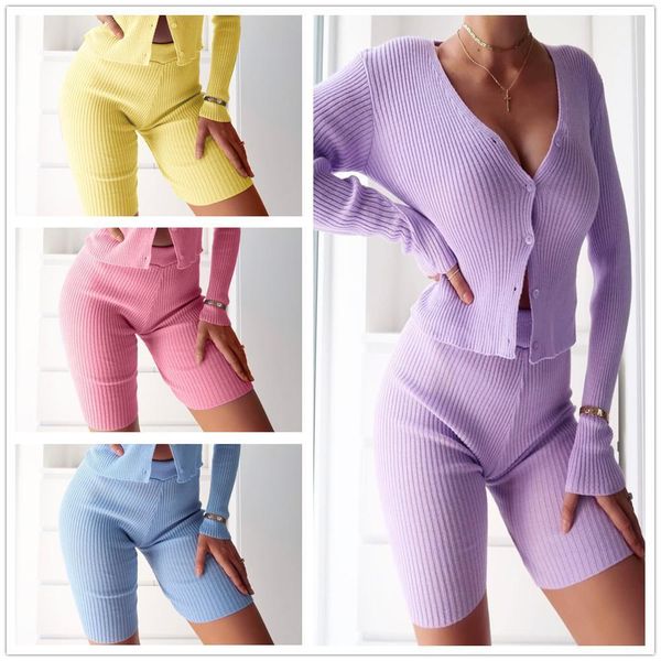 

2pcs knitting set deep women tracksuits v neck single botton crop shorts casual homewear woman clothes, Gray