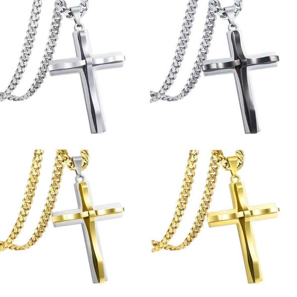

pendant necklaces simple double-layer cross necklace titanium steel hiphop rock classic cool fashion mens jewelry choker men boys birthday, Silver