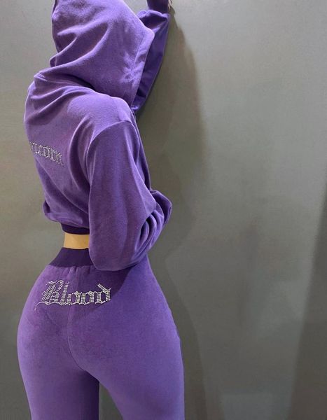 

purple/orange letter diamond embellished velvet cotton fleece cropped hoody/jogger pants twinset high waist sweatpants trousers women's, White