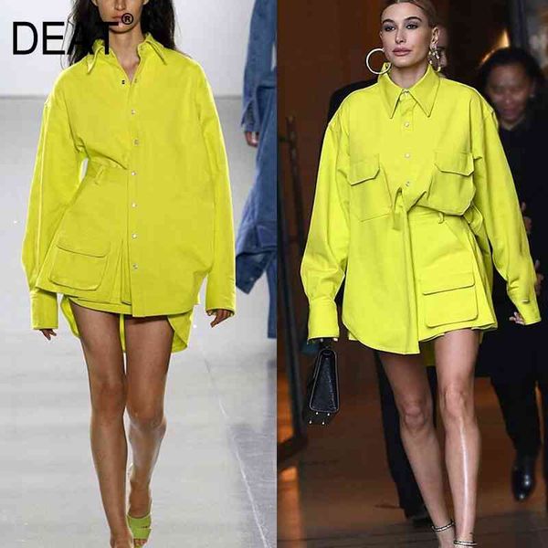 

[deat] yellow green long sleeve plus size shirt double pockets above mini skirt suit women new fashion tide spring gx152 210407, White