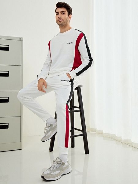 

men letter embroidery contrast side seam pullover & sweatpants r7f8#, Gray