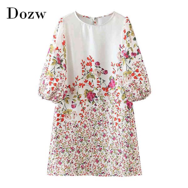 

loose o neck mini dress women vintage floral print summer dresses fashion puff short sleeve party dress vestidos mujer 210414, Black;gray