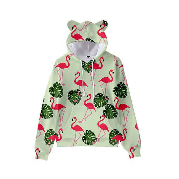 

green leaf red-crowned crane print cute boy girl clothes hooded 3d printing hooded sweater autumn early winter ears hooded pullover, Black