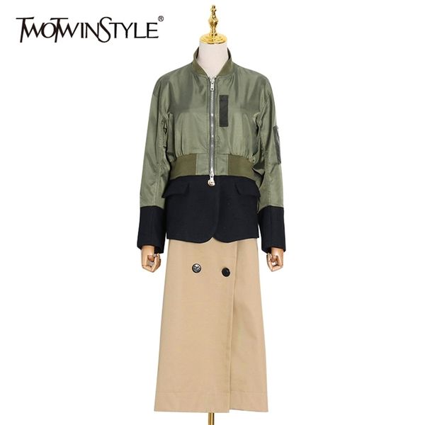 

fake two patchwork windbreaker for women turtleneck long sleeve high waist hit color casual trench female fashion 210524, Tan;black