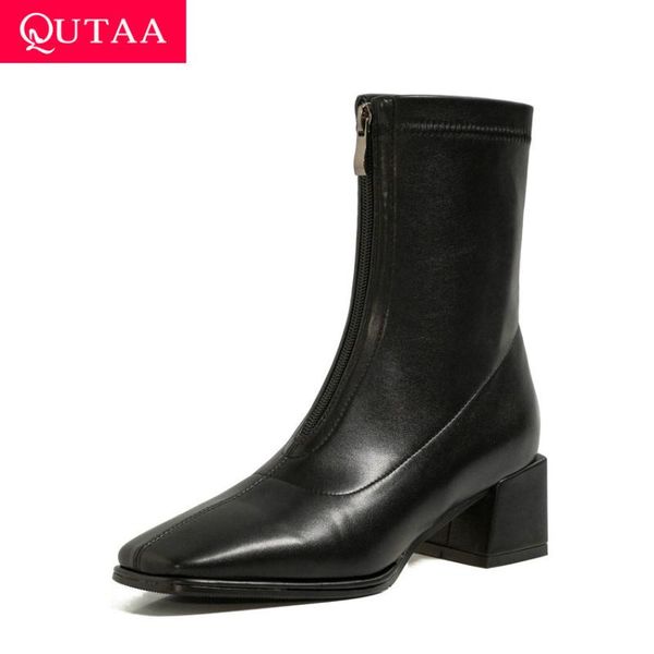 

boots qutaa 2021 square toe zipper ankle soft pu leather women short heel autumn winter ladies shoes size 34-43, Black