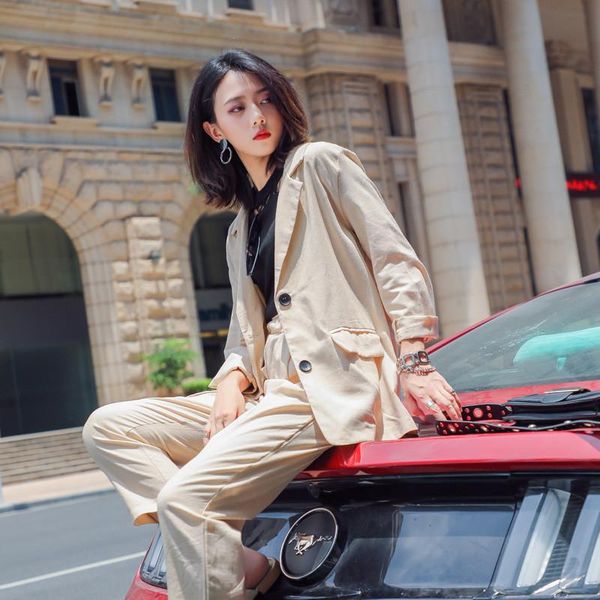 

women's suits & blazers set female 2021 autumn season temperament casual solid color small suit jacket + trousers elegant fashion two-p, White;black