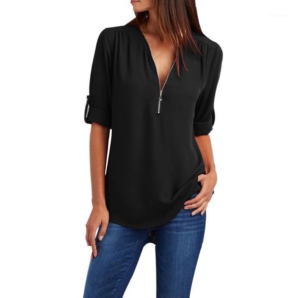 

women's blouses & shirts sale zipper short sleeve women v neck solid tunic casual office blusas female clothes plus sizes d30, White