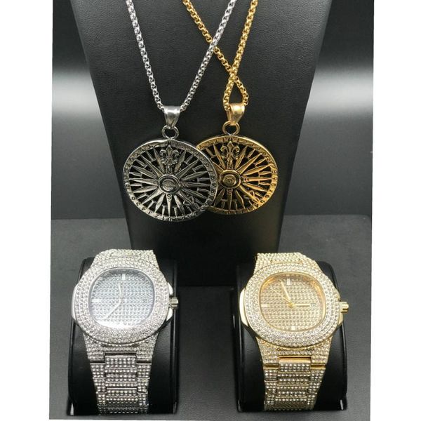

earrings & necklace luxury men watch hip hop jewelry wheel pendant rhinestone gold combo set cuban chain for, Silver