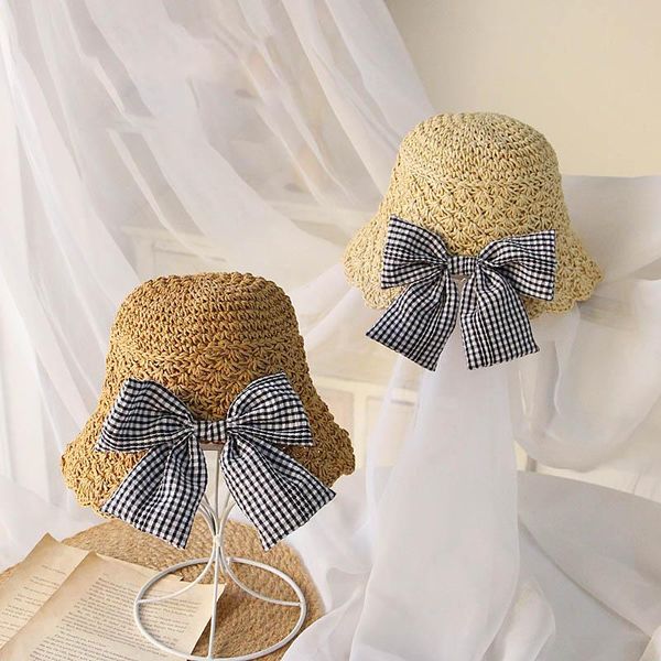 

keelorn girls sun hats 2021 summer kids baby spring straw with cute plaid bow-knot accessories children beach caps &, Yellow