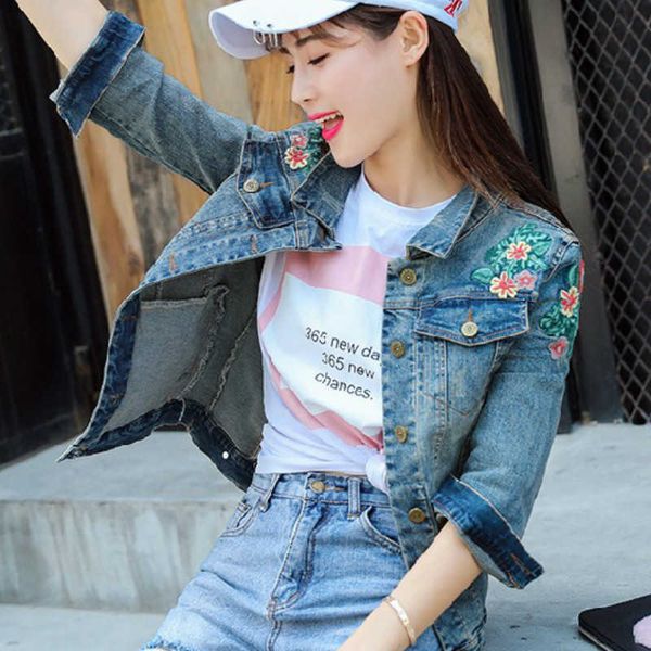 

female jacket denim spring and autumn korean embroidery flower decoration pilot 210527, Black;brown