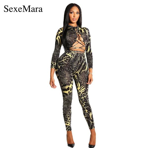 

women's jumpsuits & rompers sexemara leopard snake print romper costumes fall hollow out lace up long sleeve bandage bodycon jumpsuit c, Black;white