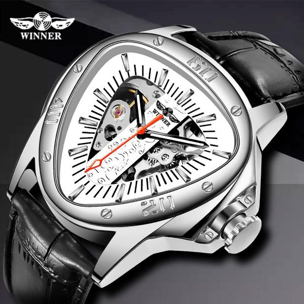 

brand men's sport watches racing design geometric watch men genuine leather strap male automatic wrist wristwatches, Slivery;brown