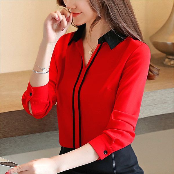 

blusas mujer de moda 2021 womens and blouses ladies for women shirt long sleeve solid chiffon blouse white v-neck 0183