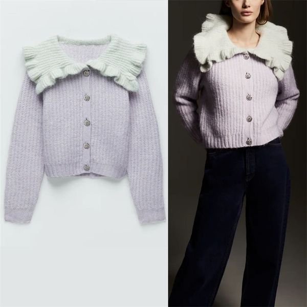 

ruffle jewel button knit cardigan sweater women long sleeve vintage patchwork knitted female fitted soft sweaters 210524, White