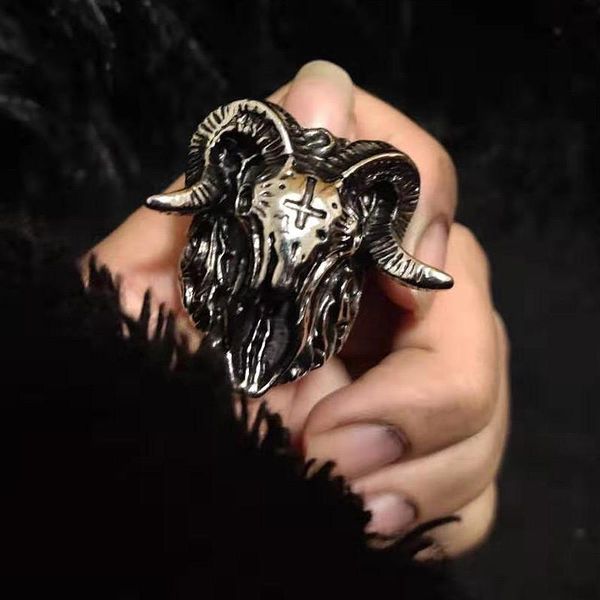 

cluster rings gothic goat skull ring for men and women evil stainless steel satan demon biker vintage punk animal jewelry gift wholesale, Golden;silver