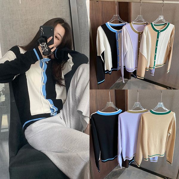

autumn 2021 hong kong style contrast gold button knitted cardigan coat chic versatile loose lazy sweater, White