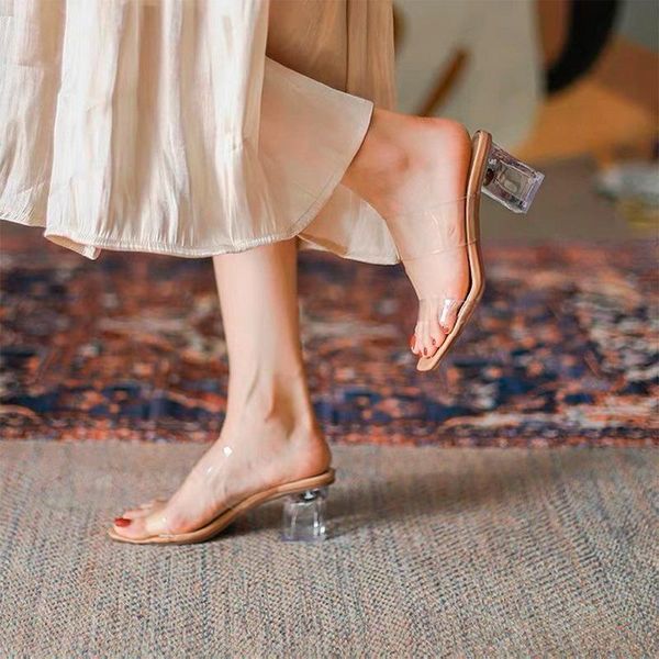 

sandals transparent heels women square toe 2021 summer shoes woman ankle strap heeled elegant party, Black