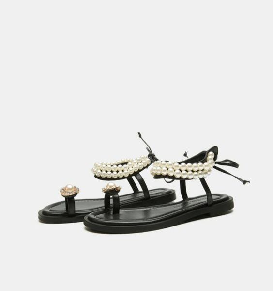 

summer clip toes womens shoes flat pearl sandals women slides flip flops bowknot lace-up flats gladiator sandal, Black