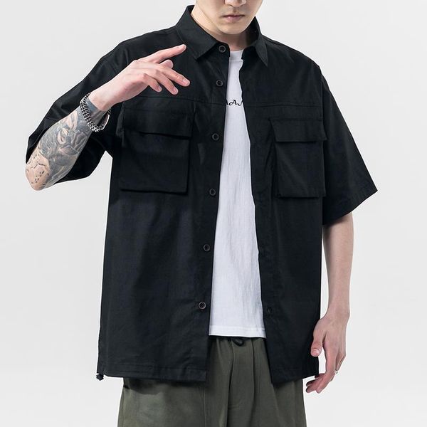 

brand 2021 beach summer black white hip hop streetwear short sleeves hawaii collar korea shirt for men's harajuku clothes casual shirts, White;black