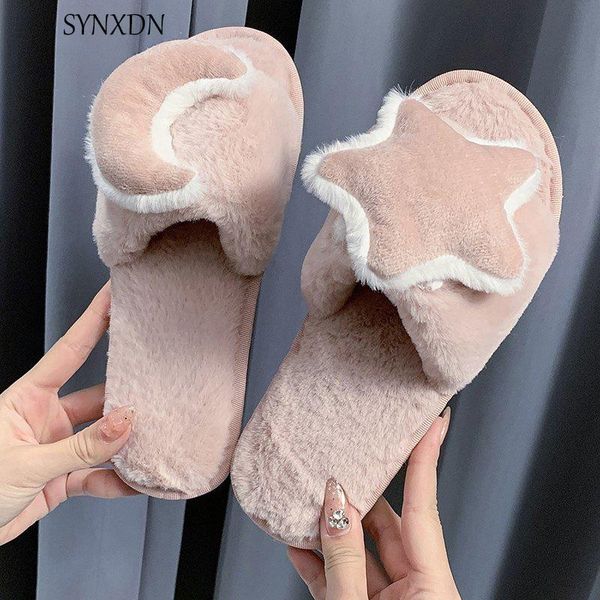 

slippers 2021 winter warm home women star moon shape faux fur fluffy indoor house shoes floor female footwear, Black