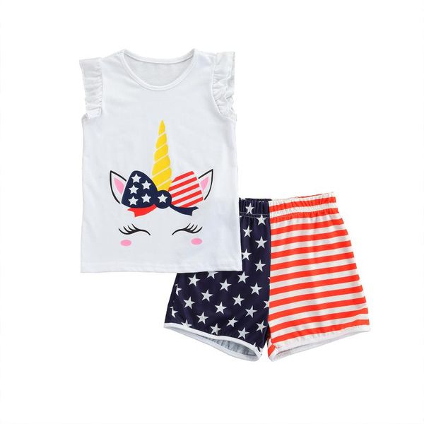 

baby & children's toddler girls independence day clothes outfits cute cartoon print sleeve + shorts set for clothing sets, White